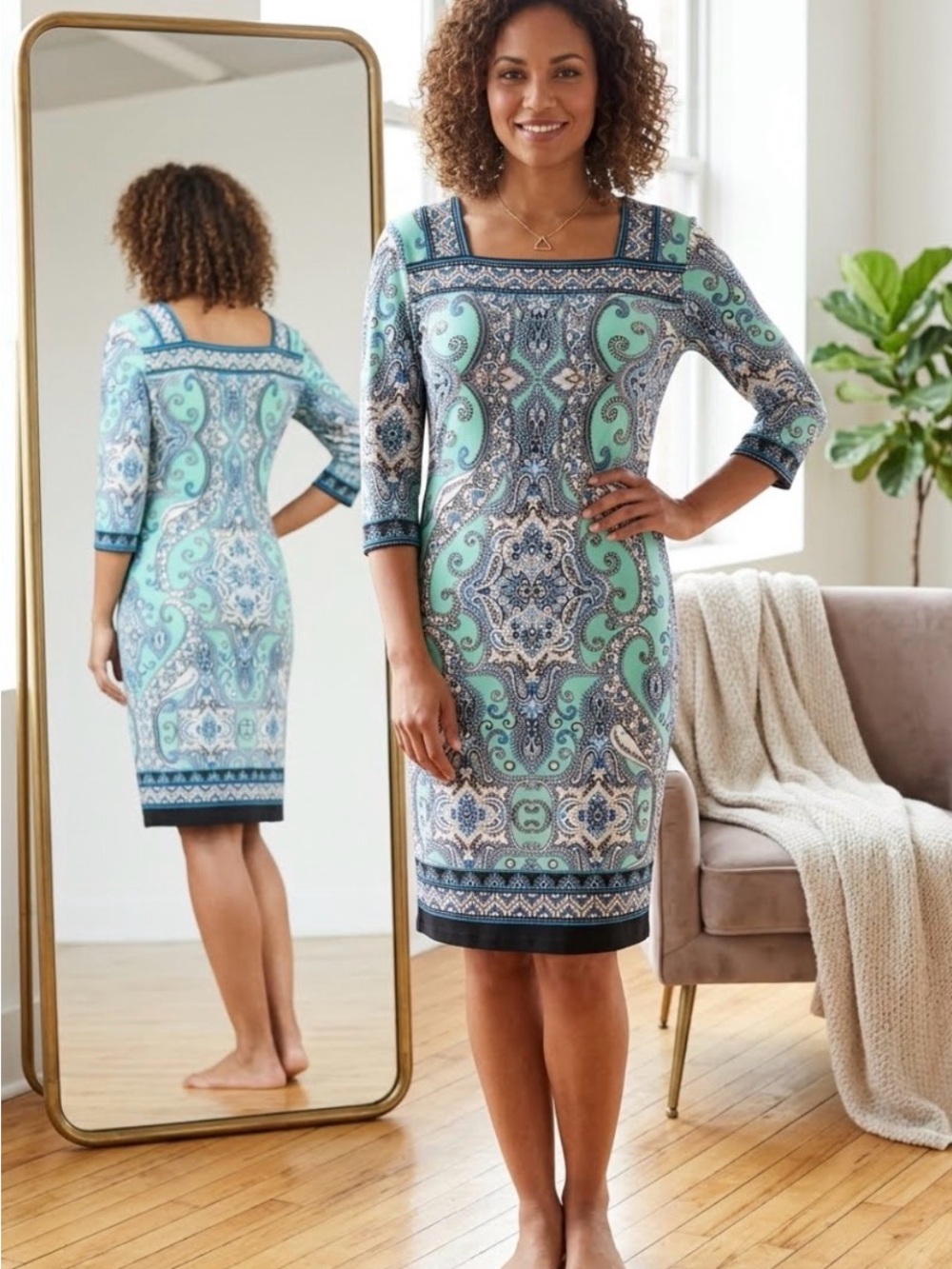 Paisley-Print Square Neck Midi Dress in Aqua PTP 18’ L 29’